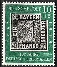 FRIMÆRKER VESTTYSKL. BUND: 1949 | AFA 1076 | Frimærkets 100-års jubilæum - 10 + 2 pf. grøn/sort - Postfrisk